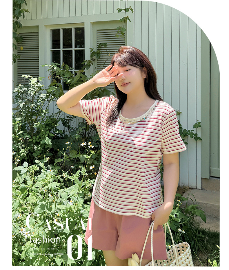 大きいサイズ レディース クルーネックストーン飾りストライプ半袖Tシャツ LL 3L 4L 5L
