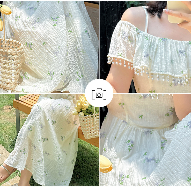 大きいサイズ レディース ビーズ刺繍オフショルダーサスペンダーワンピース LL 3L 4L 5L
