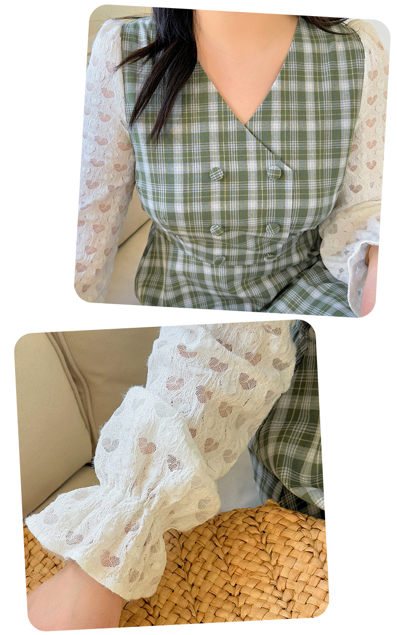 大きいサイズ レディース レースチェック柄フェイクツーピース フレンチワンピース LL 3L 4L 5L