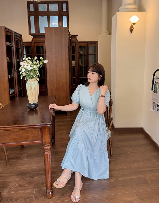 大きいサイズ レディース クロスVネックリボンウエストドロストティアードワンピース LL 3L 4L 5L