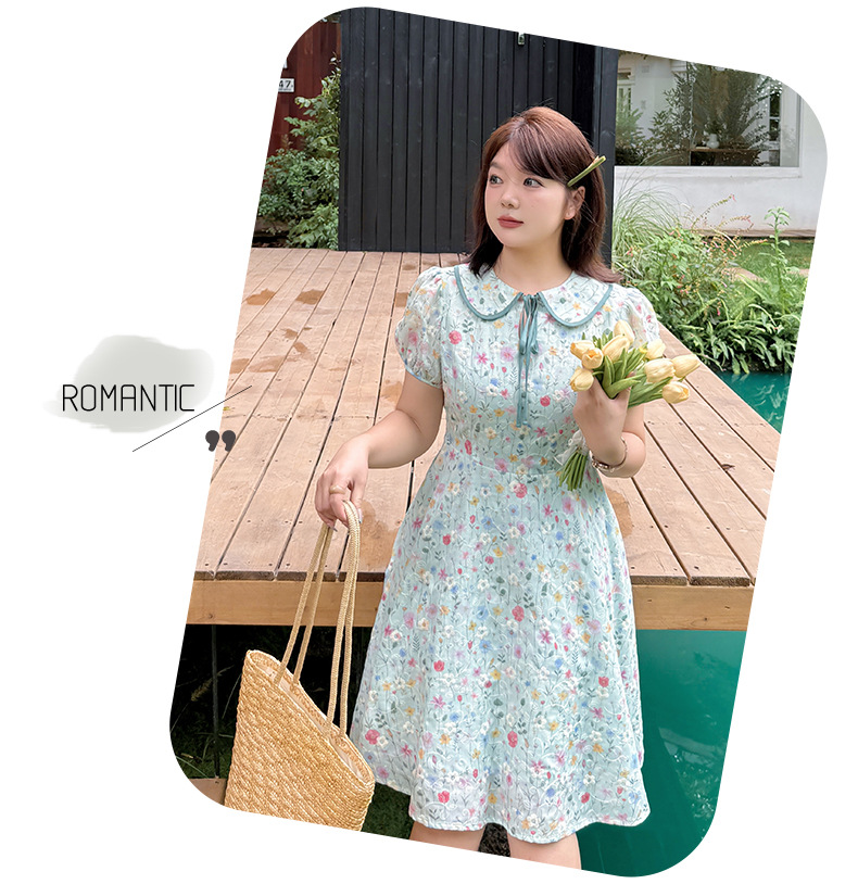 大きいサイズ レディース ドールカラーリボン小花柄プリント刺繍ミニワンピース LL 3L 4L 5L