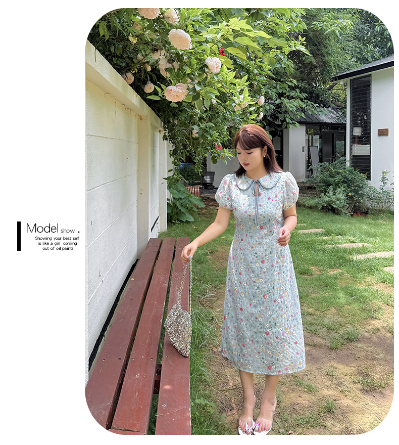大きいサイズ レディース ドールカラーリボン小花柄プリント刺繍ワンピース LL 3L 4L 5L