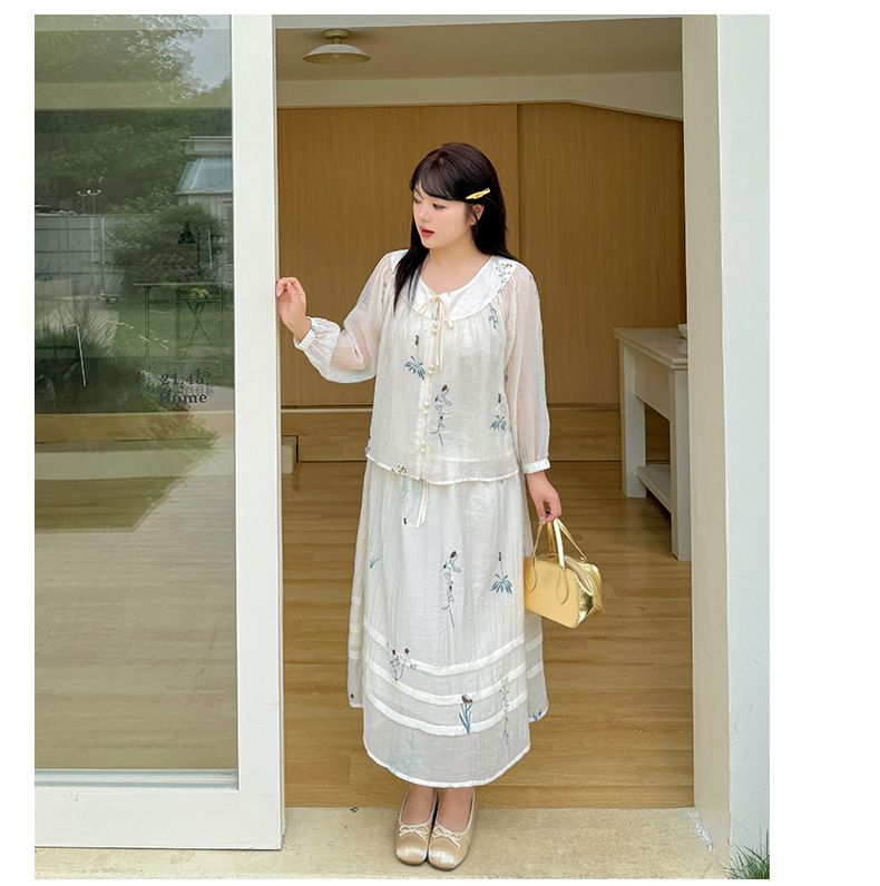 大きいサイズ レディース リボン花柄刺繍スリーピース(アウターウェア+キャミソール+スカート) LL 3L 4L 5L