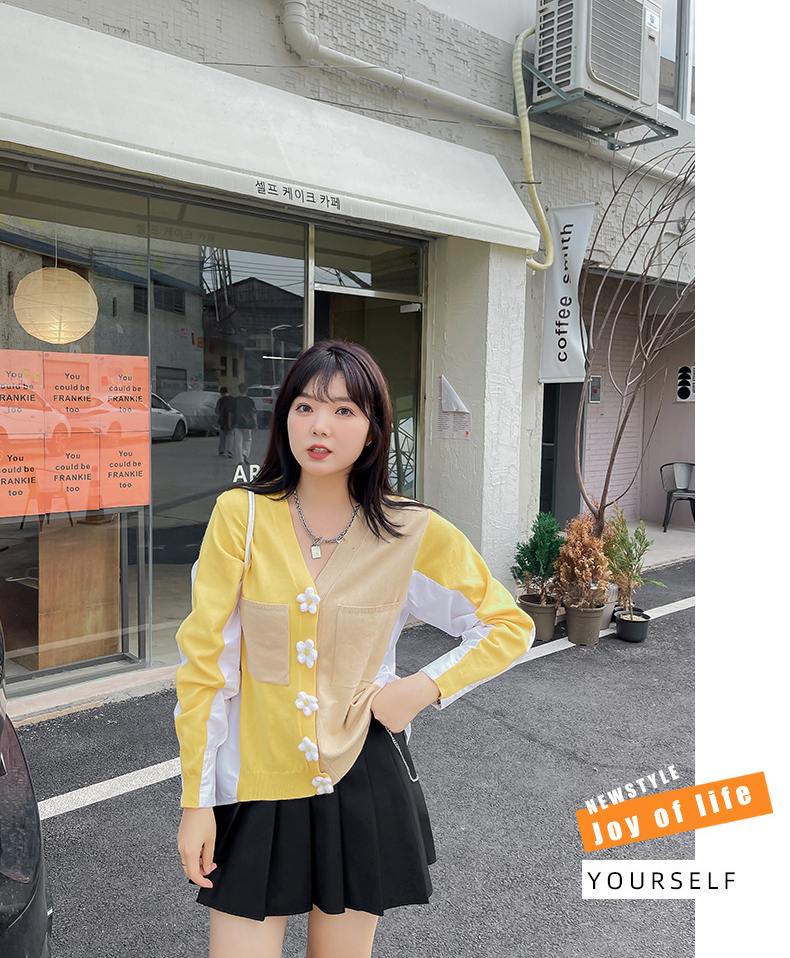 大きいサイズ レディース Vネックフラワーボタンカラーブロックカーディガン LL 3L 4L 5L