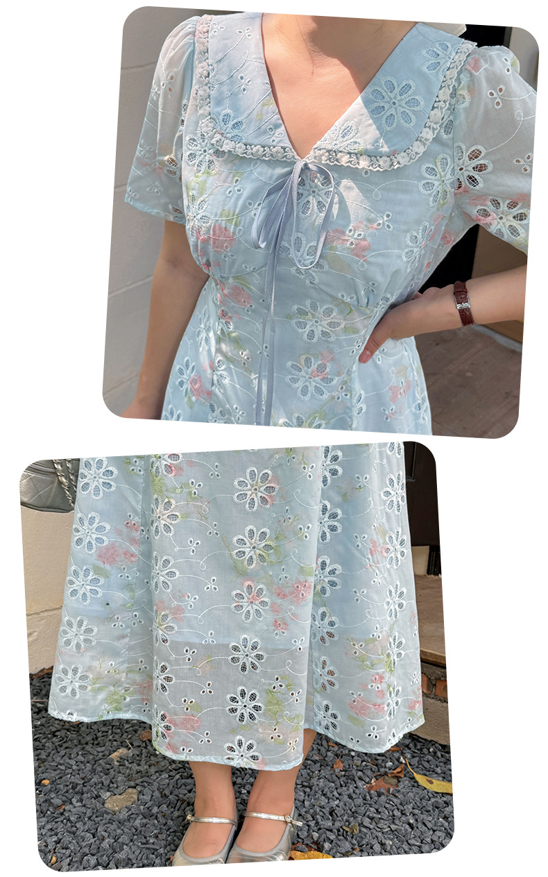 大きいサイズ レディース リボントリムレースラペルフラワー中空刺繍プリントワンピース LL 3L 4L 5L