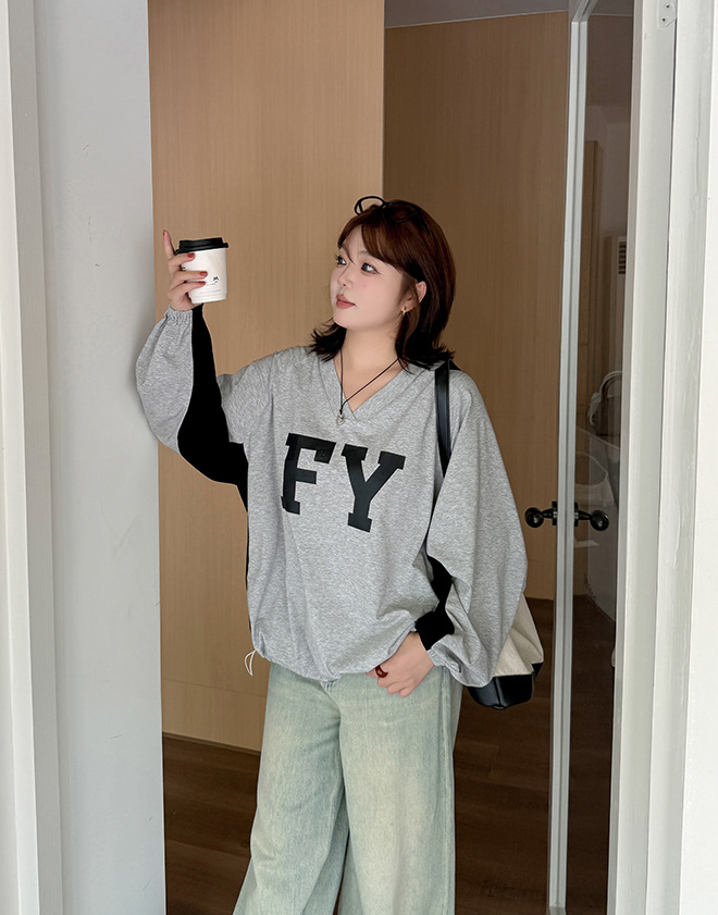 大きいサイズ レディース Vネックコントラストカラー長袖スウェットシャツ LL 3L 4L 5L