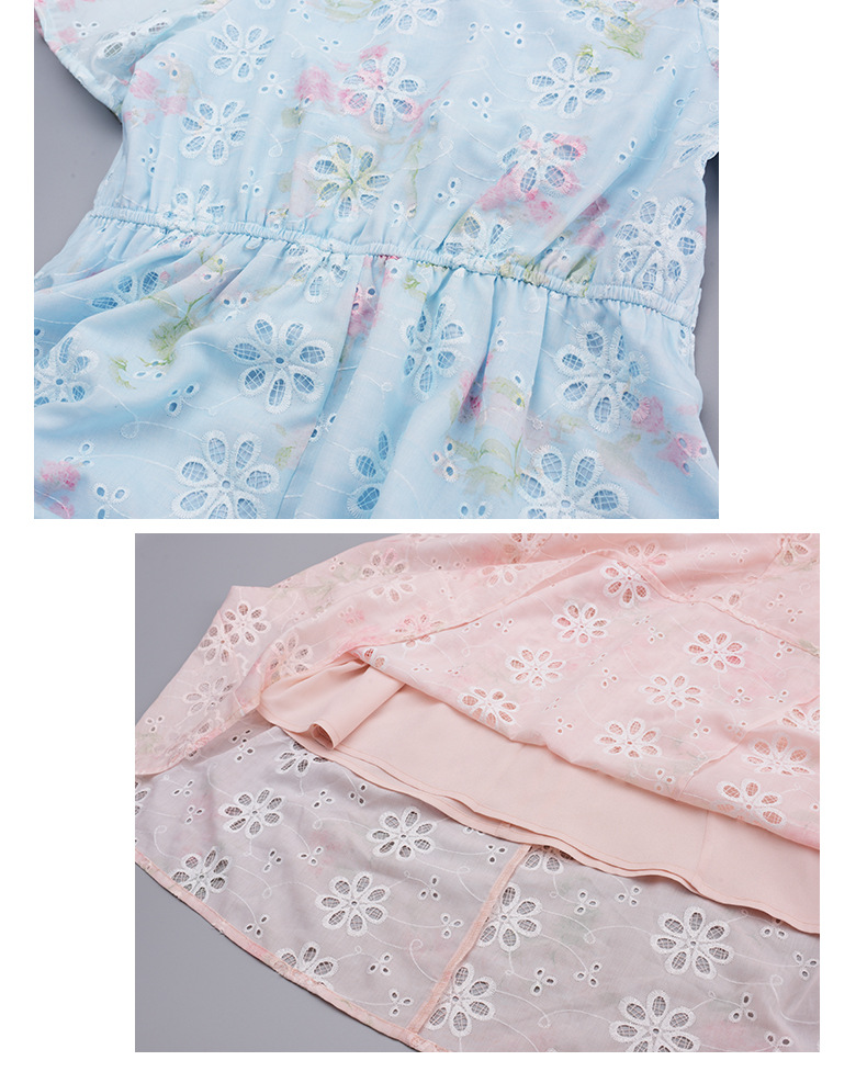 大きいサイズ レディース リボントリムレースラペルフラワー中空刺繍プリントワンピース LL 3L 4L 5L