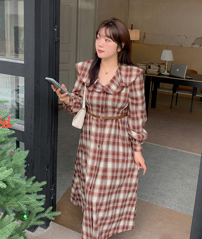 大きいサイズ レディース ラペルチェック柄ボタンダウンベルト付きワンピース LL 3L 4L 5L