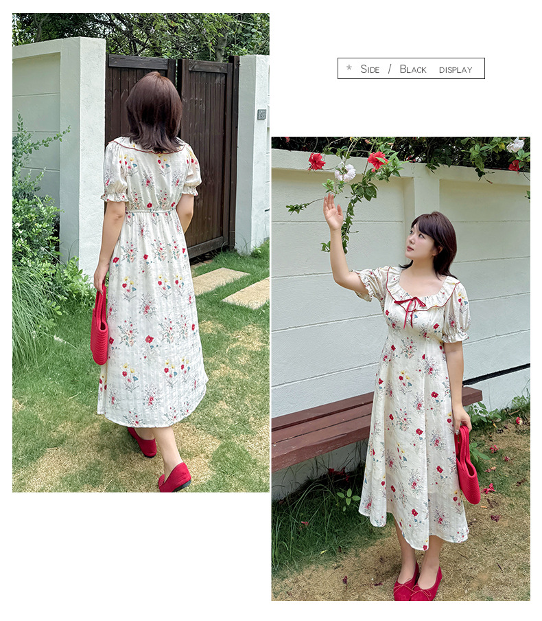 大きいサイズ レディース リボンフリル花柄プリントバブルスリーブワンピース LL 3L 4L 5L