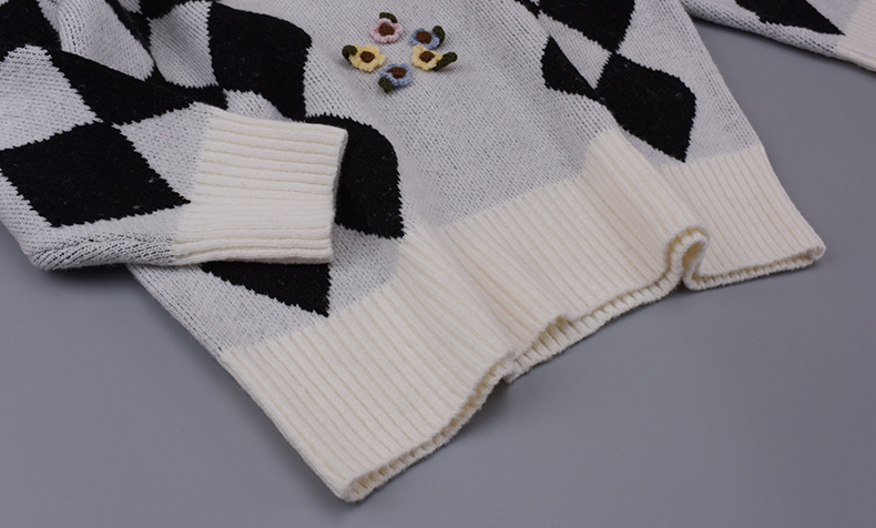 大きいサイズ レディース ラウンドネックレトロ小花ダイヤ柄プルオーバーセーター LL 3L 4L