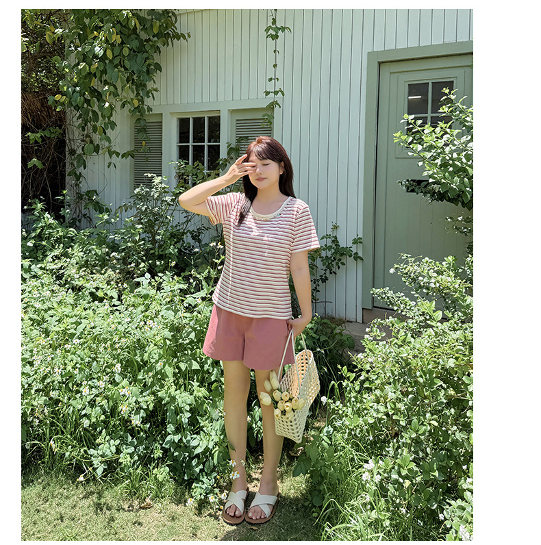 大きいサイズ レディース クルーネックストーン飾りストライプ半袖Tシャツ LL 3L 4L 5L