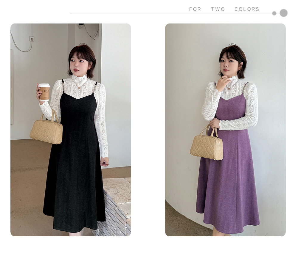 大きいサイズ レディース ツーピースセット(レーストップス+スリップワンピース) LL 3L 4L 5L