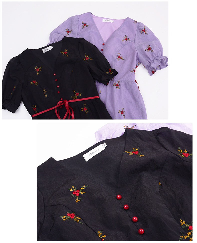 大きいサイズ レディース Vネック刺繍入りリボン花柄ワンピース LL 3L 4L 5L