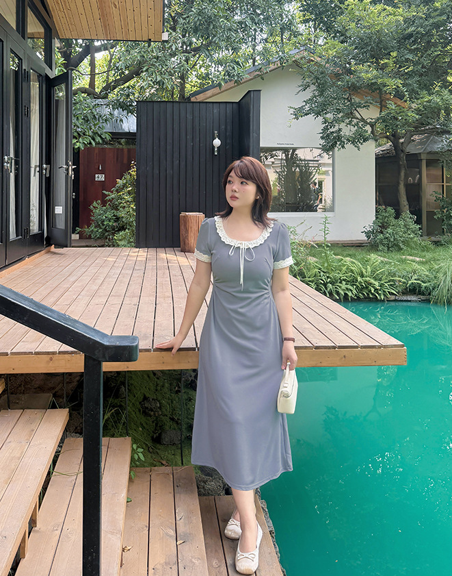 大きいサイズ レディース リボンレースフリルスリムフィットウエストフレンチワンピース LL 3L 4L 5L