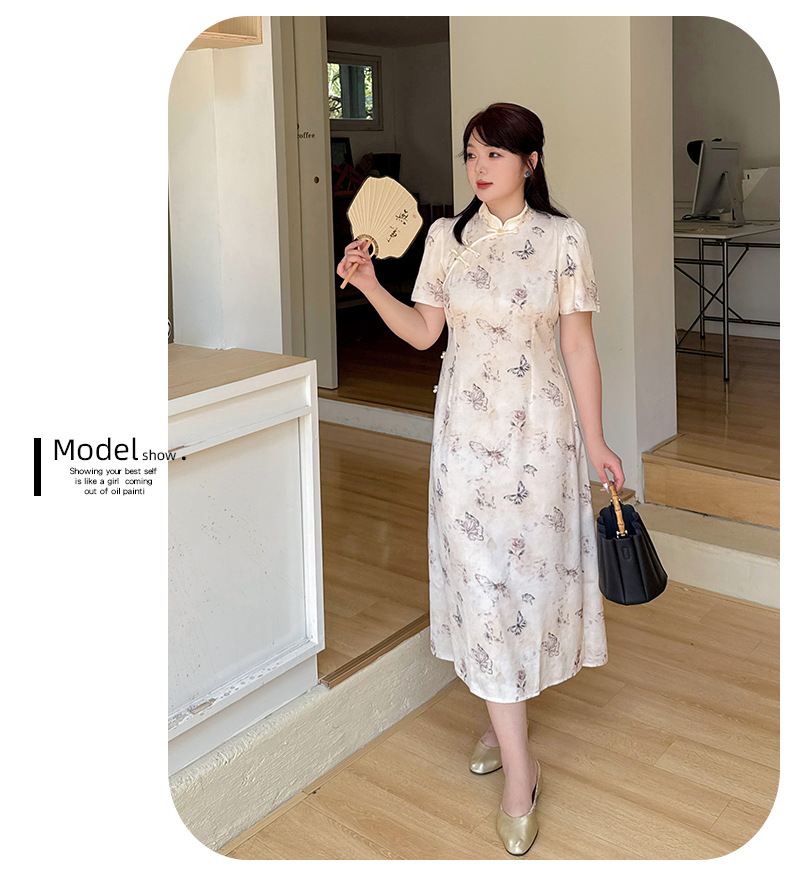 大きいサイズ レディース バタフライ花柄サテンチャイナ風ワンピース LL 3L 4L 5L