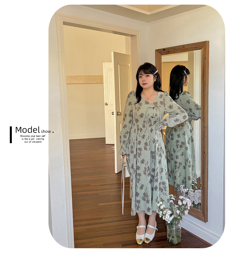 大きいサイズ レディース Vネック花柄プリントチャイナ風レトロワンピース LL 3L 4L 5L