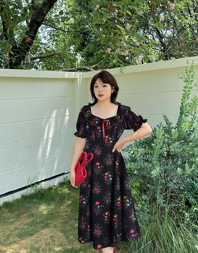 大きいサイズ レディース リボンフリル花柄プリントバブルスリーブワンピース LL 3L 4L 5L