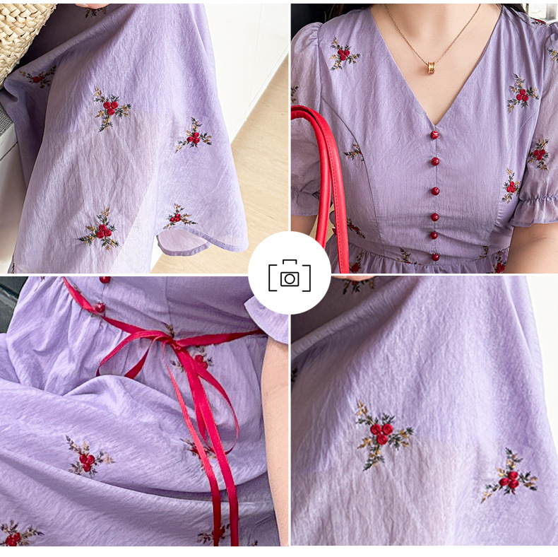 大きいサイズ レディース Vネック刺繍入りリボン花柄ワンピース LL 3L 4L 5L