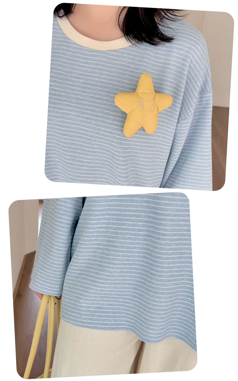 大きいサイズ レディース 星飾り付きラウンドネックニット長袖ストライプTシャツ LL 3L 4L 5L