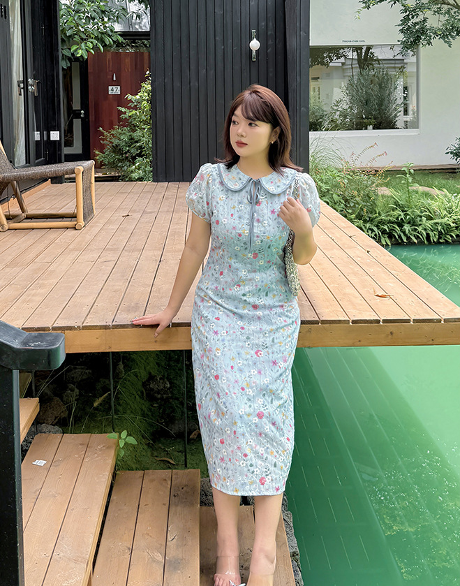 大きいサイズ レディース ドールカラーリボン小花柄プリント刺繍ワンピース LL 3L 4L 5L