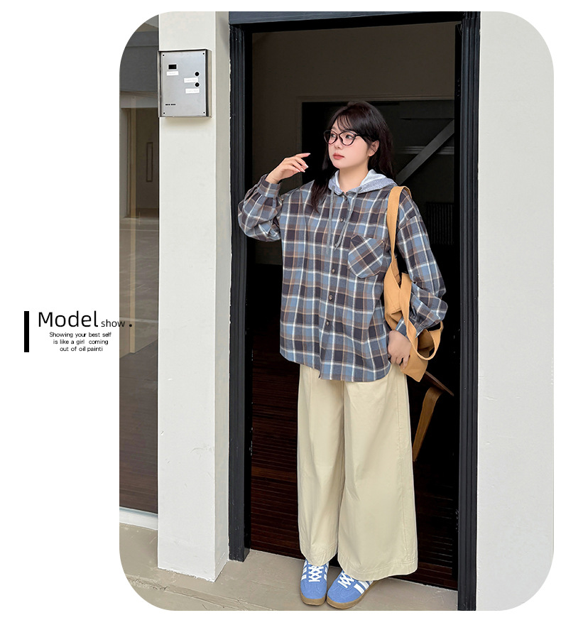 大きいサイズ レディース フード付きフェイクツーピースカジュアルチェックシャツ LL 3L 4L 5L