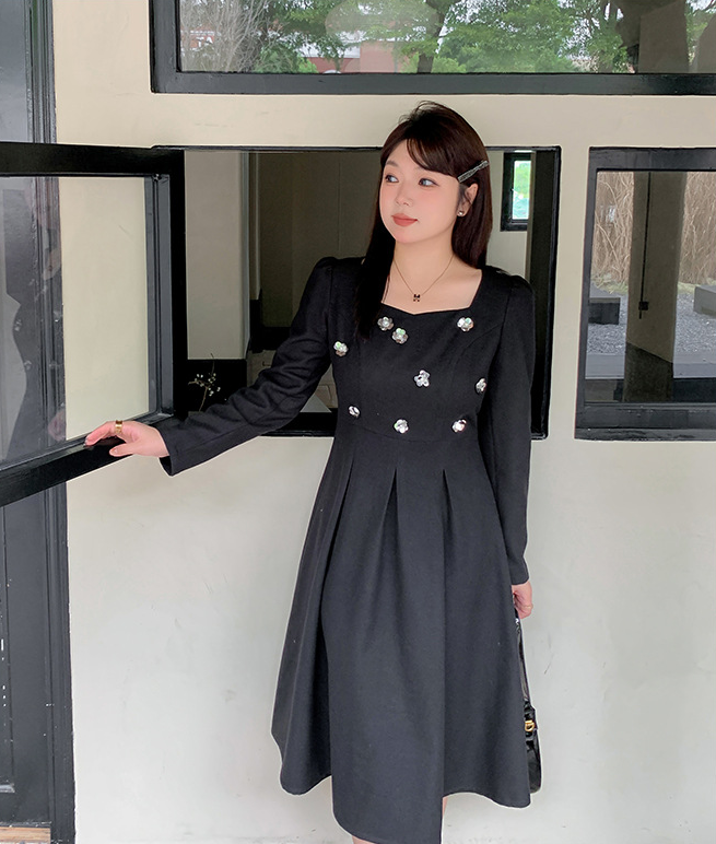 大きいサイズ レディース スパンコールスクエアネックブラックワンピース LL 3L 4L 5L