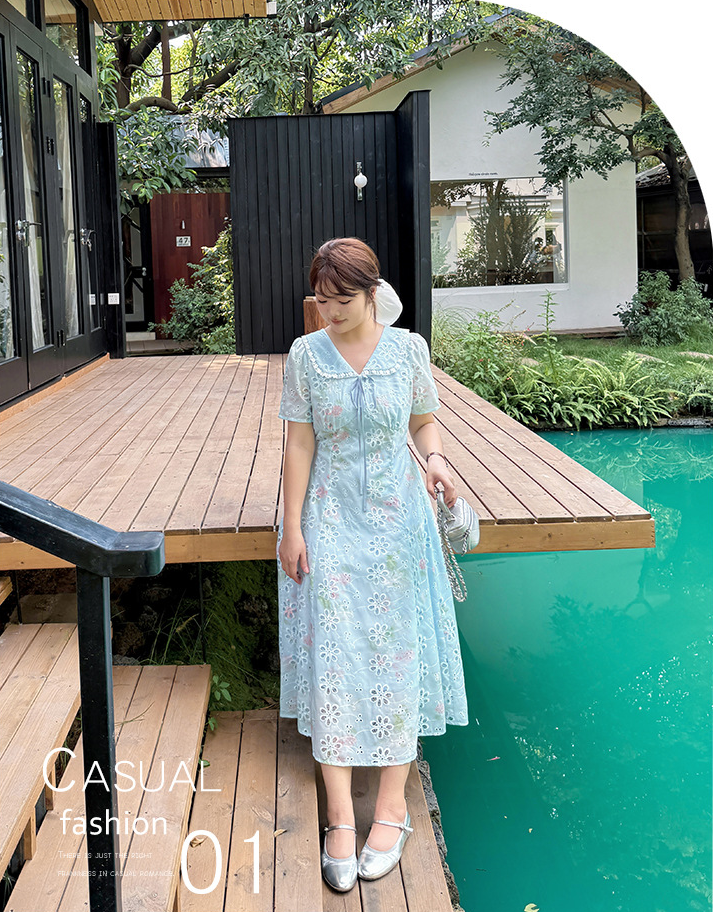 大きいサイズ レディース リボントリムレースラペルフラワー中空刺繍プリントワンピース LL 3L 4L 5L