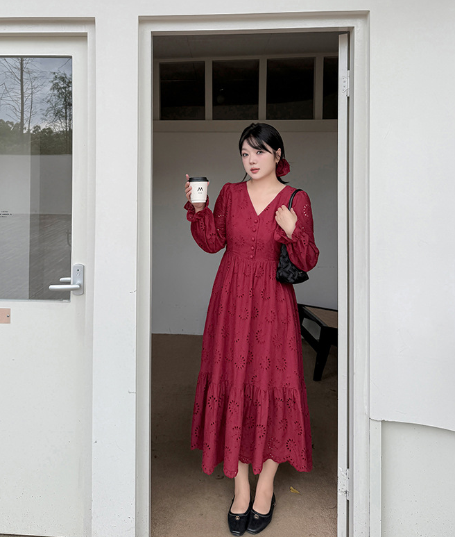 大きいサイズ レディース シュシュ付きVネック中空刺繍コットンロングワンピースLL 3L 4L 5L