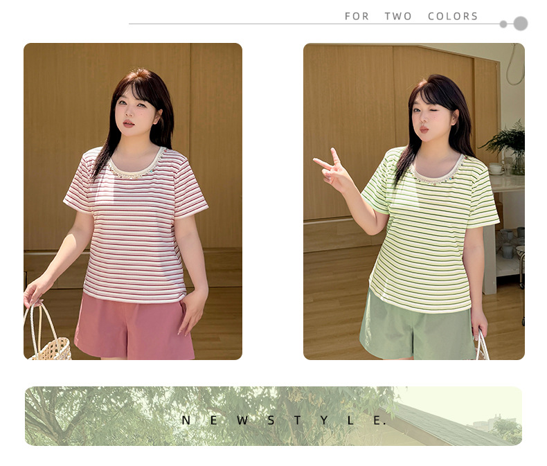大きいサイズ レディース クルーネックストーン飾りストライプ半袖Tシャツ LL 3L 4L 5L