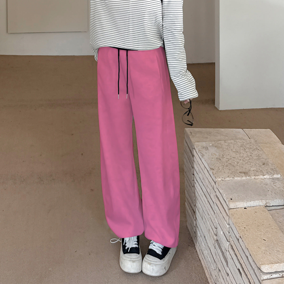 大きいサイズ レディース ニットコントラストウエストバンドストレートカジュアルパンツ LL 3L 4L 5L