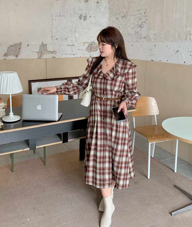 大きいサイズ レディース ラペルチェック柄ボタンダウンベルト付きワンピース LL 3L 4L 5L