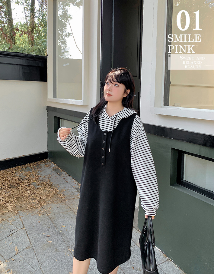 大きいサイズ レディース ストライプパーカー+サスペンダーワンピース2点セット  LL 3L 4L 5L