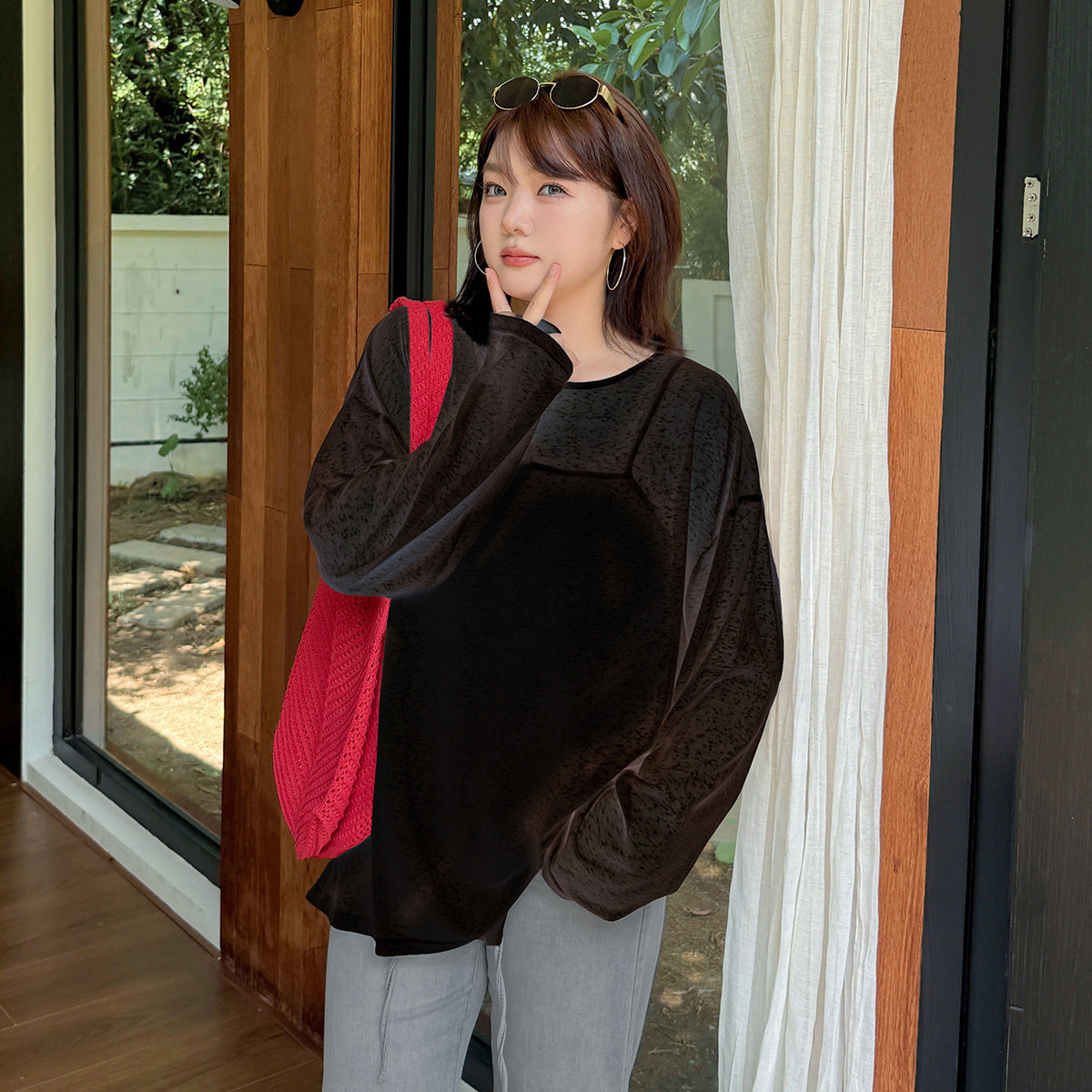 大きいサイズ レディース リボンレースパネルスラブニットルーズシャツ 3L 4L 5L