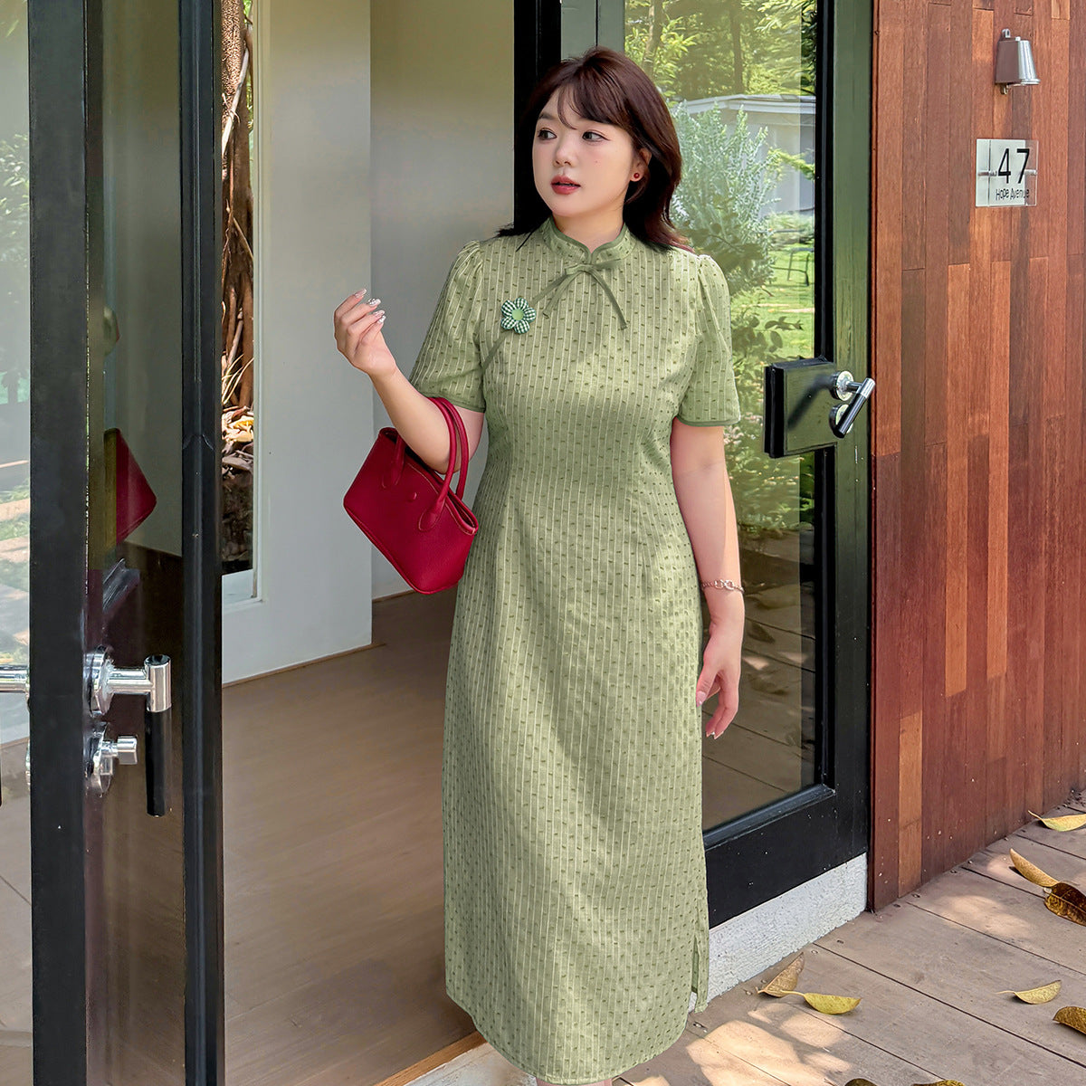 大きいサイズ レディース 花飾り付きリボンチャイナ風レトロジャガードドットワンピース LL 3L 4L 5L