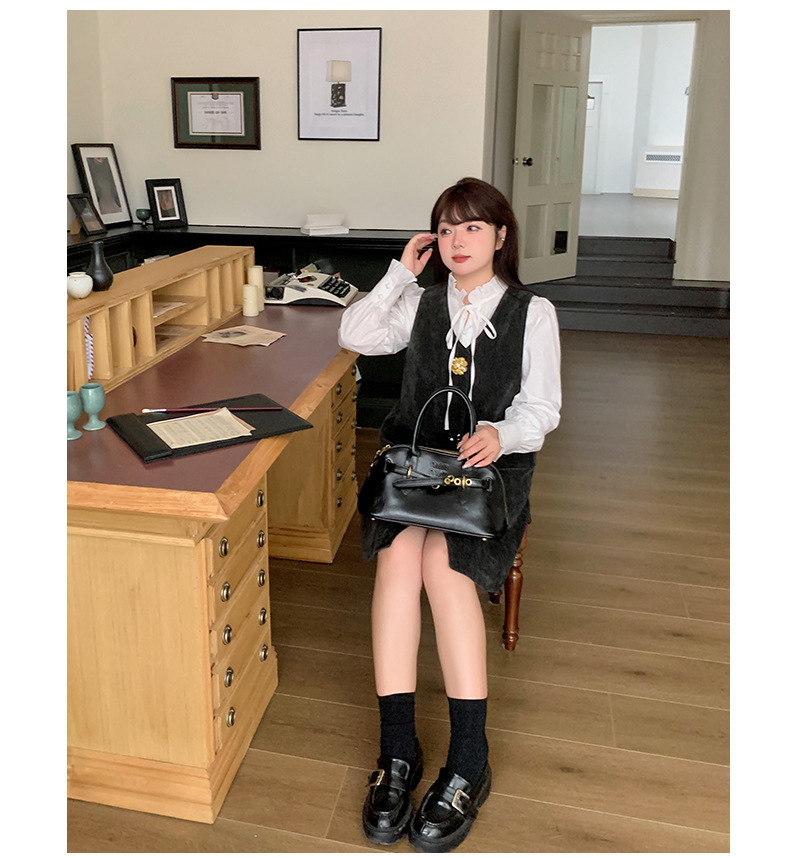 大きいサイズ レディース リボンフレンチシャツ+フラワーボタンサスペンダーワンピース2点セット LL 3L 4L 5L