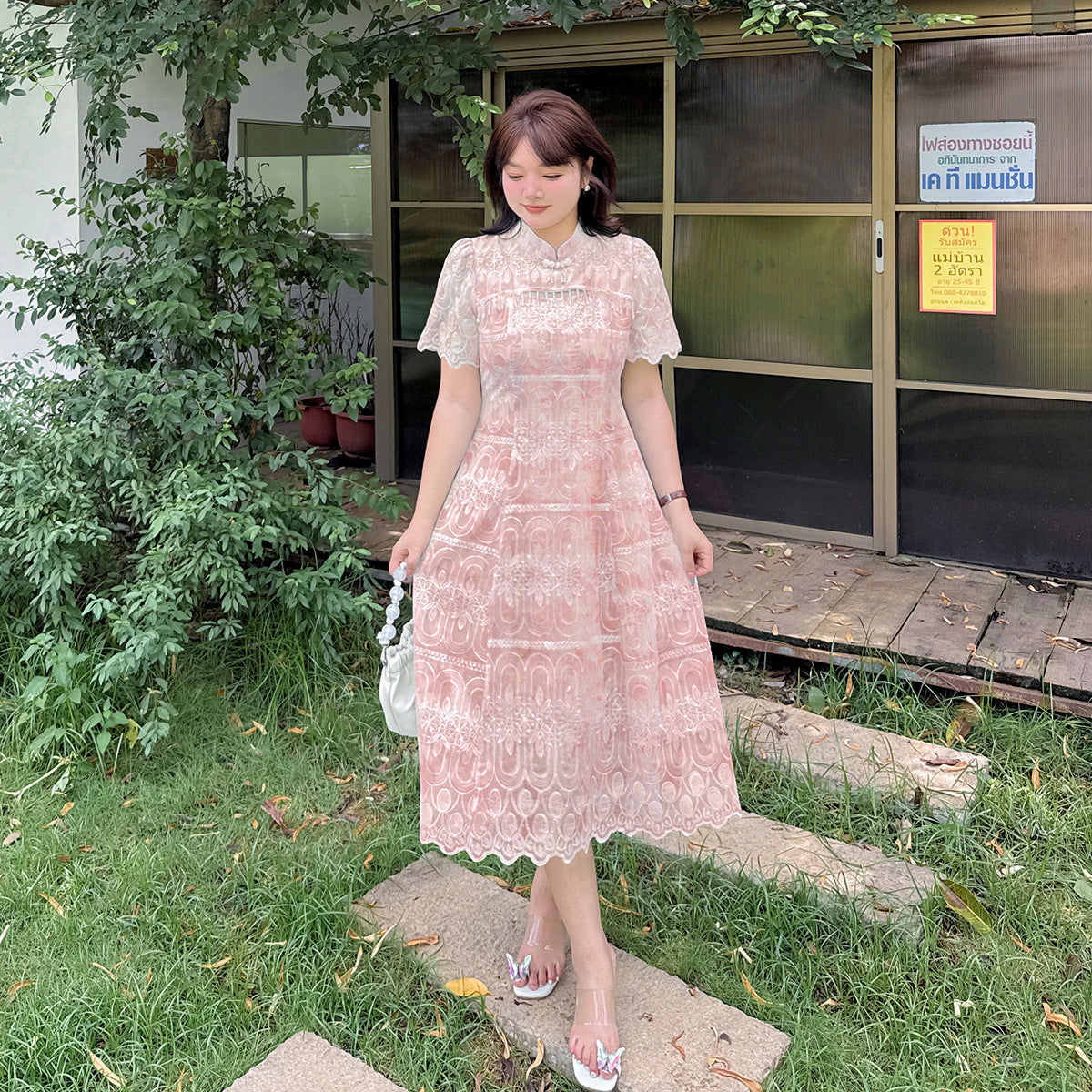 大きいサイズ レディース チャイナ風ビーズラグジュアリー花柄刺繍ワンピース LL 3L 4L 5L
