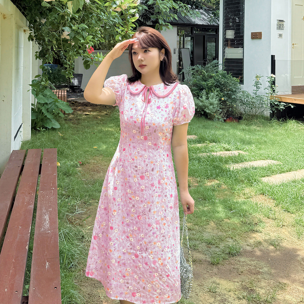 大きいサイズ レディース ドールカラーリボン小花柄プリント刺繍ワンピース LL 3L 4L 5L