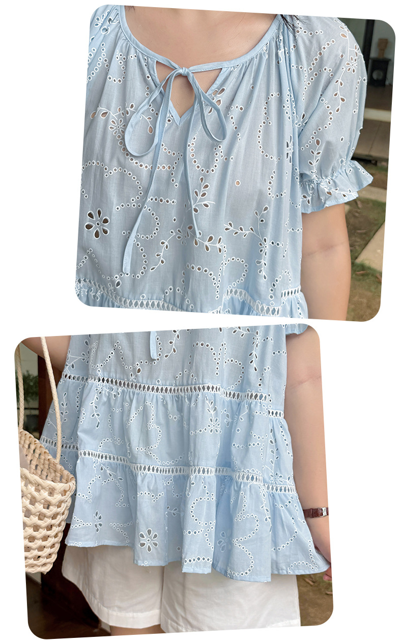 大きいサイズ レディース リボンラウンドネック中空刺繍花柄プリントブラウス LL 3L 4L 5L