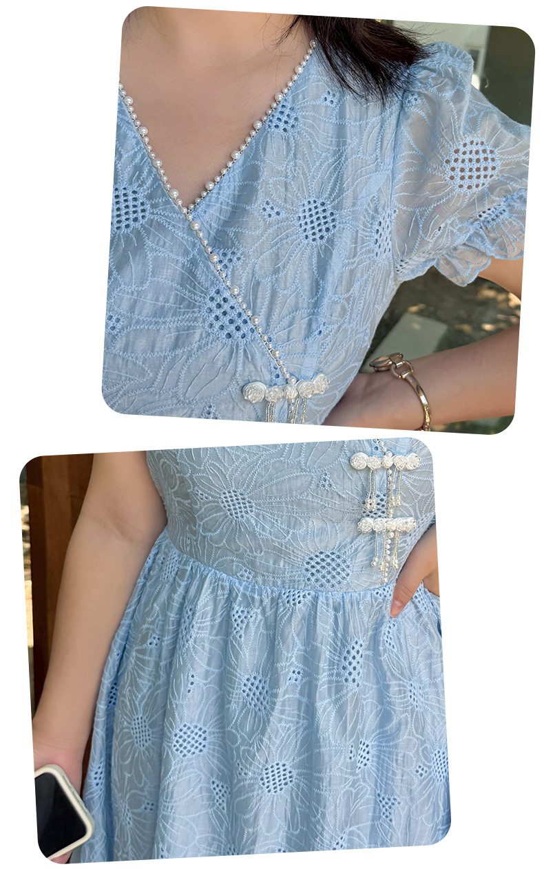 大きいサイズ レディース Vネックビーズリボンひまわり刺繍ワンピース LL 3L 4L 5L
