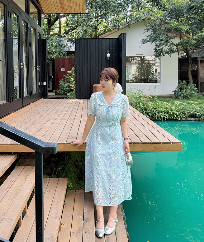 大きいサイズ レディース リボントリムレースラペルフラワー中空刺繍プリントワンピース LL 3L 4L 5L