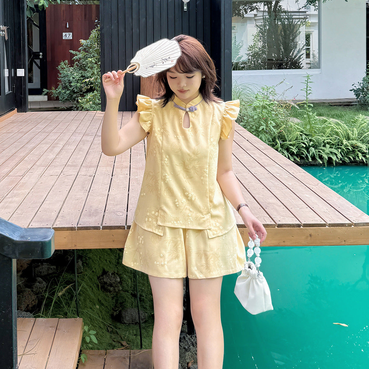 大きいサイズ レディース ビーズフリルチャイナ風フライングスリーブプリントトップス LL 3L 4L 5L