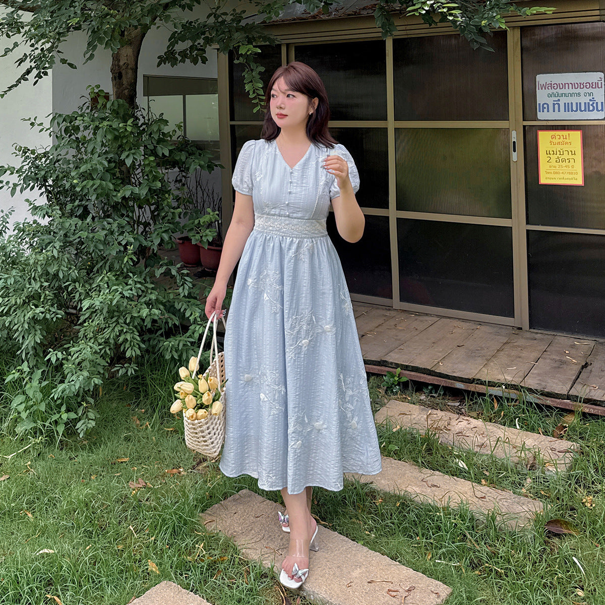 大きいサイズ レディース Vネック花柄レースウエストスパンコール刺繍ワンピース LL 3L 4L 5L