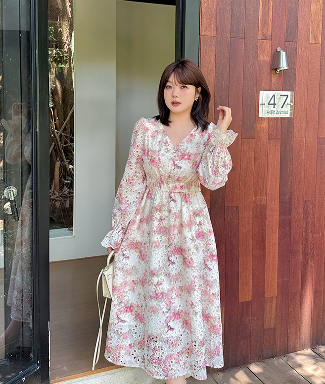 大きいサイズ レディース Vネック中空刺繍プリントフリルワンピース LL 3L 4L 5L