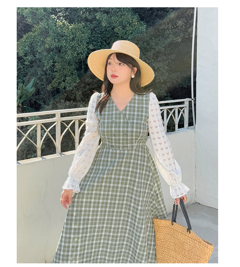 大きいサイズ レディース レースチェック柄フェイクツーピース フレンチワンピース LL 3L 4L 5L