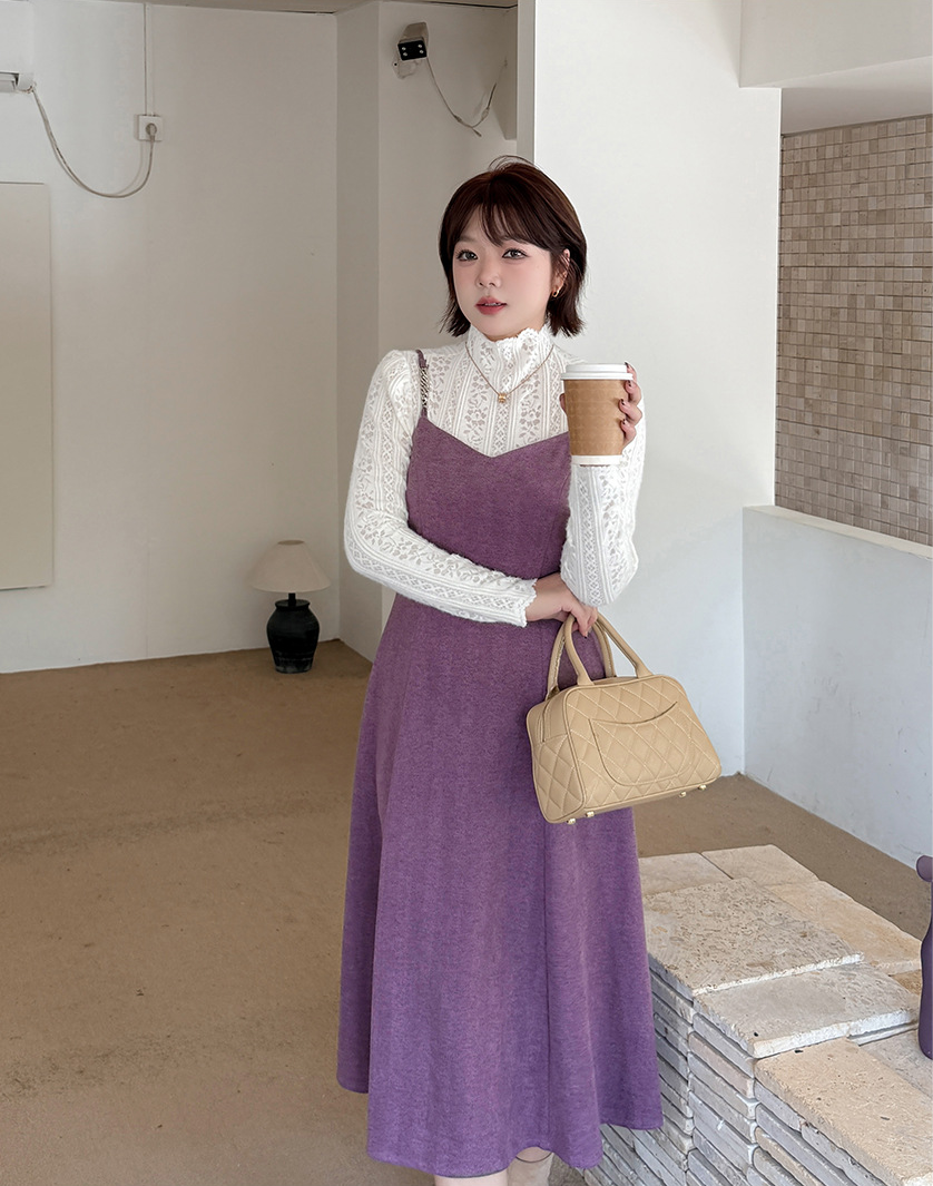 大きいサイズ レディース ツーピースセット(レーストップス+スリップワンピース) LL 3L 4L 5L