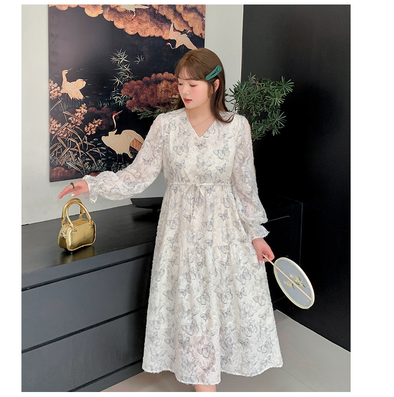 大きいサイズ レディース Vネックバタフライプリントフレンチワンピース(半袖/長袖) LL 3L 4L 5L