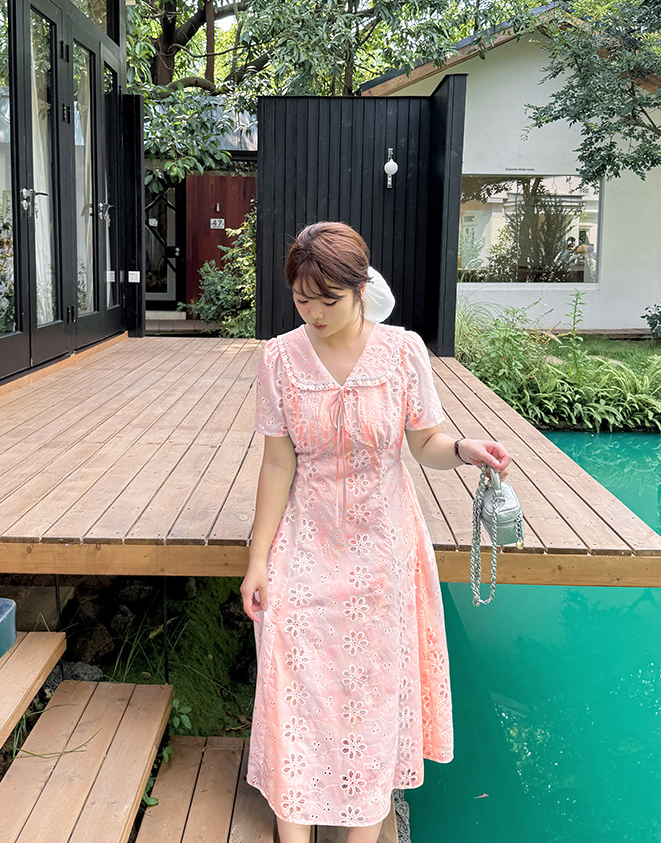 大きいサイズ レディース リボントリムレースラペルフラワー中空刺繍プリントワンピース LL 3L 4L 5L