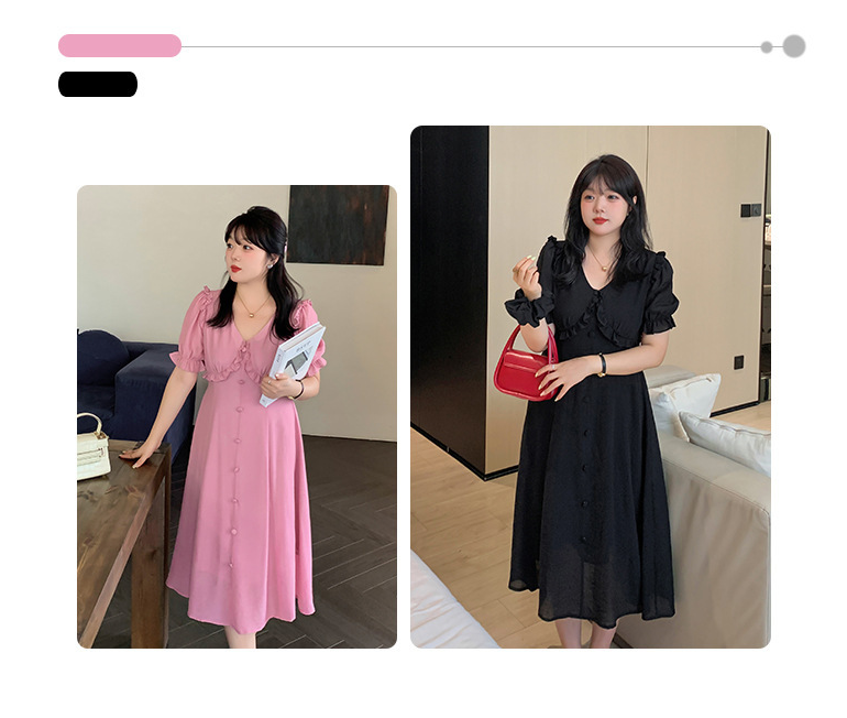 大きいサイズ レディース Vネック前ボタンフリルワンピース+ヘアゴム2点セット LL 3L 4L 5L