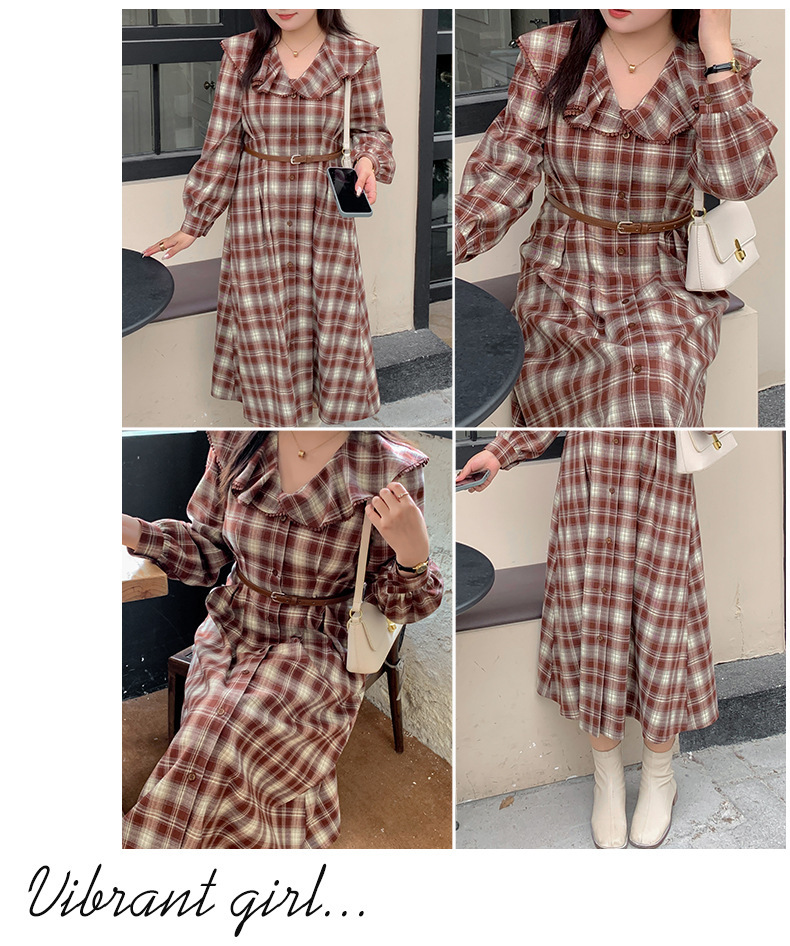 大きいサイズ レディース ラペルチェック柄ボタンダウンベルト付きワンピース LL 3L 4L 5L