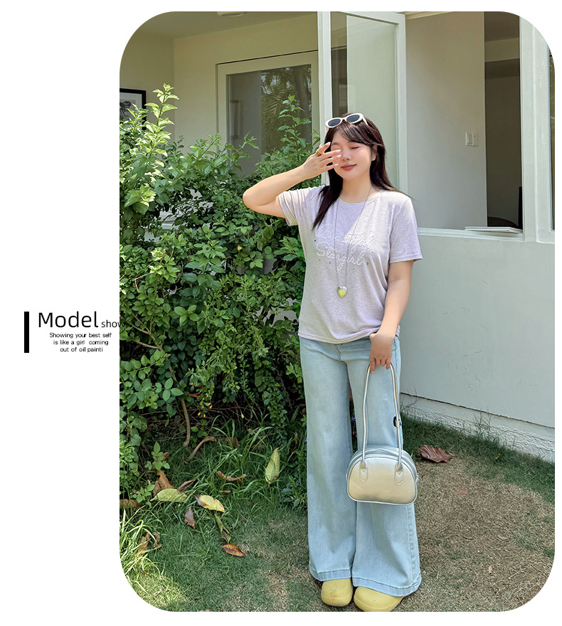 大きいサイズ レディース ビーズロゴ半袖カジュアルTシャツ LL 3L 4L 5L